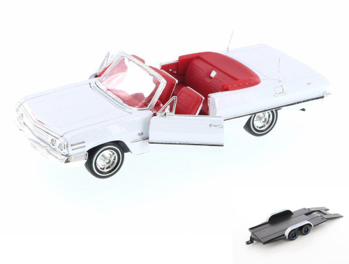 Diecast Car w/Trailer - 1963 Chevy Impala Convertible, White w/Red - Welly 22434 - 1/24 Diecast Car