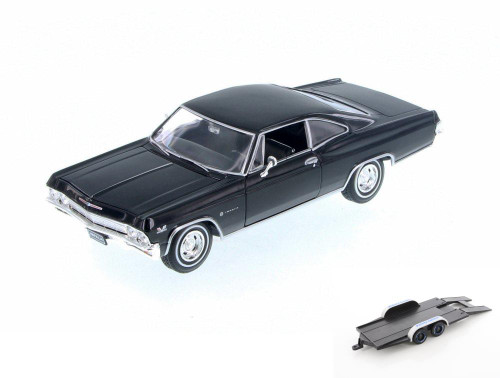 Diecast Car w/Trailer - 1965 Chevy Impala SS396, Black - Welly 22417WBK - 1/24 Scale Diecast Car