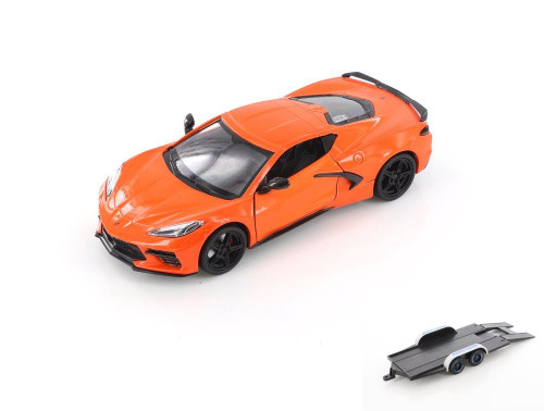 Diecast Car w/Trailer - 2020 Chevy Corvette C8 Stingray, Orange - Showcasts 79360, 1/24 Diecast Car