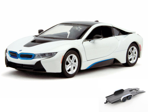 Diecast Car w/Trailer - 2018 BMW i8 Coupe Hardtop, White - Showcasts 79359WT - 1/24 Diecast Car