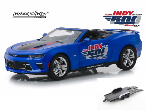 Diecast Car w/Trailer - 2018 Chevy Camaro SS Convertible, 102 Running Indy 500 Presented by PennGrade Motor Oil 500 Festival Event Car - Greenlight 18248 - 1/24 Scale Diecast Model Toy Car