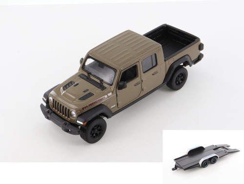 Diecast Car w/Trailer - 2020 Jeep Gladiator Pickup, Brown - Welly 24103/4D - 1/24 scale Diecast Model Toy Car