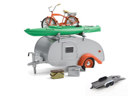 Diecast Car w/Trailer - Teardrop Trailer with Roof Rack, Bicycle, Kayak, Cooler & Picnic Basket, Silver and Red - Greenlight 18460 - 1/24 scale Diecast Model Toy Car
