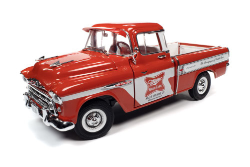 Miller High Life 1957 Chevy Cameo Pickup Truck, Red and White - Auto World AW287 - 1/18 scale Diecast Model Toy Car