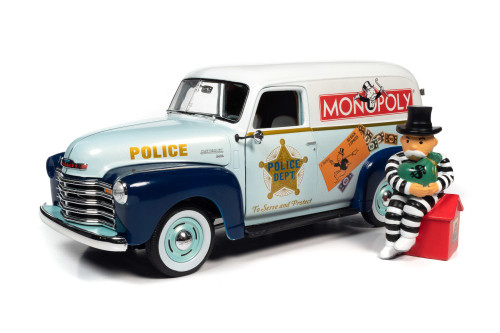 1948 Chevy Panel Police Van w/Mr. Monopoly Figurine, AWSS129 1/18 scale Diecast Model Toy Car