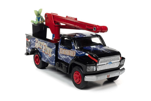 1990 Ford Utility Bucket Truck w/Rat Fink Figurine, Blue & Red - Auto World AW296, 1/34 Diecast Car