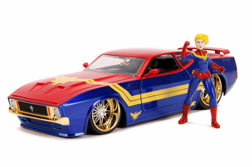 1973 Ford Mustang Mach 1 with Captain Marvel Figure, Red and Blue - Jada 31193/4 - 1/24 Diecast Car