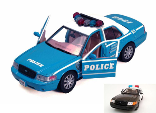 Diecast Police Car w/Police Figurines - 2010 Ford Crown Victoria Police Interceptor, Blue with White - Motor Max 76482BUW - 1/24 Scale Diecast Model Toy Car