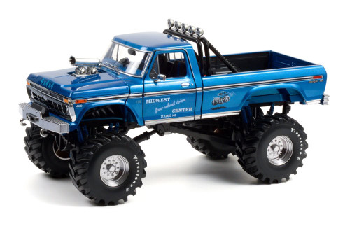 Midwest Four Wheel Drive & Performance Center 1974 Ford F-250 Monster Truck (with 48-inch Tires), Blue - Greenlight 13605 - 1/18 scale Diecast Model Toy Car