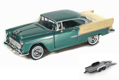 Diecast Car w/Trailer - 1955 Chevy Bel Air, Green - Motormax 73229 - 1/24 scale Diecast Car