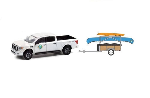 2019 Nissan Titan XD Pro-4X "Whitewater Canoe Rental” with Canoe Trailer with Canoe Rack, Canoe and Kayak, White - Greenlight 32230A/24 - 1/64 scale Diecast Model Toy Car