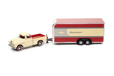 1955 Chevy Cameo Pickup Truck with Enclosed Car Trailer, Bombay Cream/Ivory  with Red - Johnny Lightning JLSP200/24B - 1/64 scale Diecast Model Toy Car