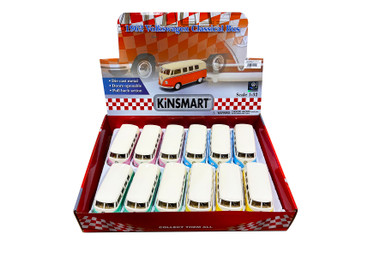 Box of 12 1962 Volkswagen Classical Bus, ASSTD - Kinsmart 5377DY