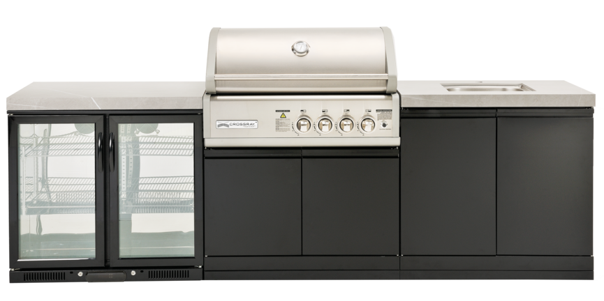 CROSSRAY X-Origin Classic Gas Outdoor Kitchen Double side cabinets with 1 x flat bench top, under bench sink and double fridge.