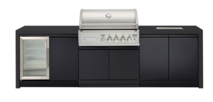 Premium 4B gas black outdoor kitchen, Double side cabinets with 1 x flat bench top, under bench sink and single fridge