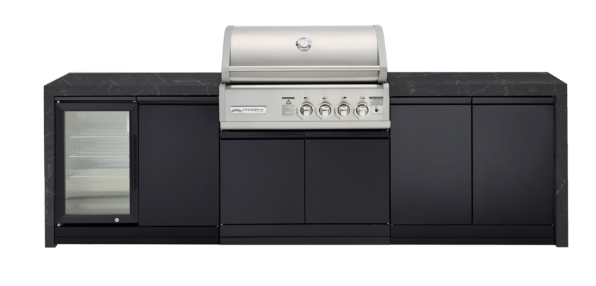CROSSRAY X-Origin Premium Gas Outdoor Kitchen Double side cabinets with flat bench tops and single fridge - black benchtop