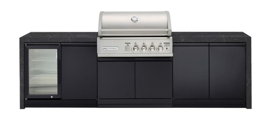 CROSSRAY X-Origin Premium Gas Outdoor Kitchen Double side cabinets with flat bench tops and single fridge - black benchtop