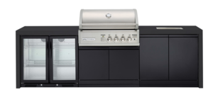 Premium 4B gas black outdoor kitchens, Double side cabinets with 1 x flat bench top, under bench sink and double fridge.