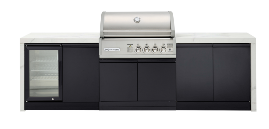 CROSSRAY X-Origin Premium Gas Outdoor Kitchen Double side cabinets with flat bench tops and single fridge - white benchtop