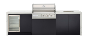 Premium 4B gas white outdoor kitchen, Double side cabinets with 1 x flat bench top, under bench sink and single fridge