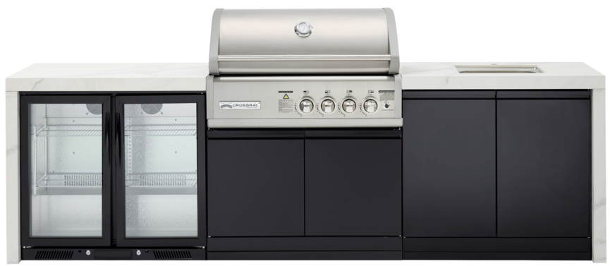 CROSSRAY X-Origin Premium Gas Outdoor Kitchen Double side cabinets with 1 x flat bench top, under bench sink and double fridge - white benchtop