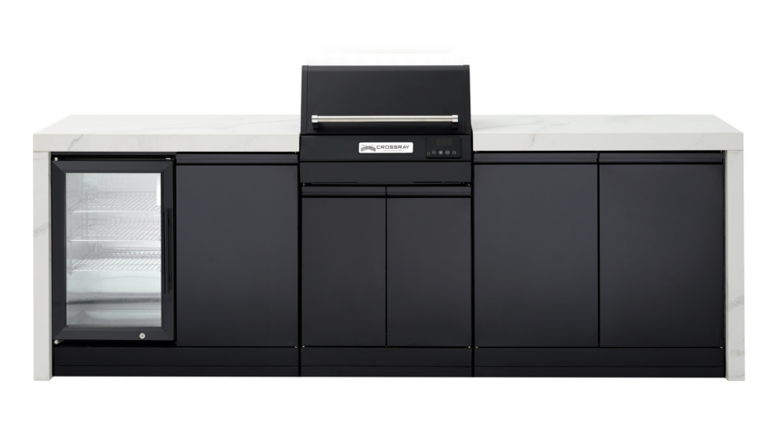 CROSSRAY eXtreme Premium Electric Outdoor Kitchen Double side cabinets with flat bench tops and single fridge - white benchtop