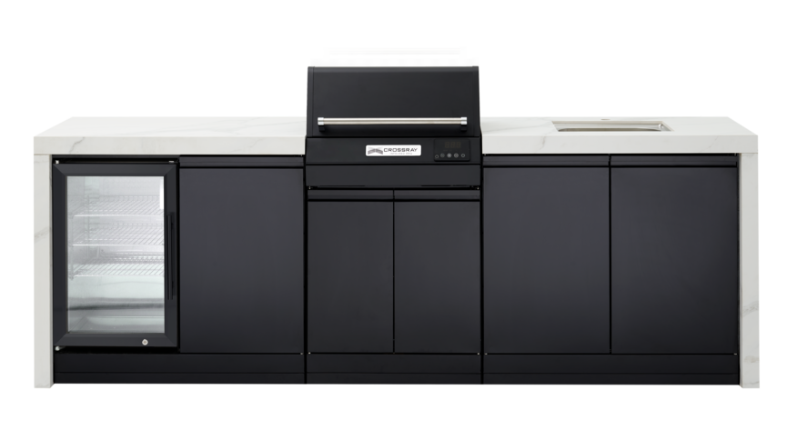 CROSSRAY eXtreme Premium Electric Outdoor Kitchen Double side cabinets with 1 x flat bench top, under bench sink and single fridge - white benchtop