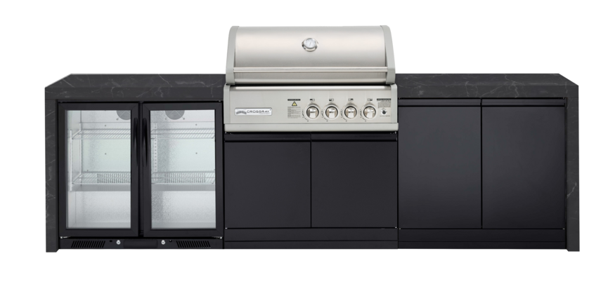 CROSSRAY X-Origin Premium Gas Outdoor Kitchen Double side cabinets with flat bench tops and double fridge - black benchtop