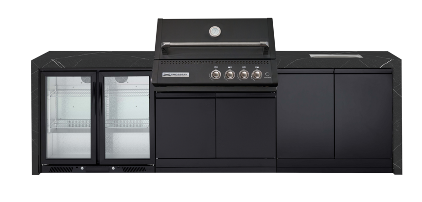 CROSSRAY XPlor Premium Gas Outdoor Kitchen Double side cabinets with 1 x flat bench top, under bench sink and double fridge - Black BBQ and Black benchtop