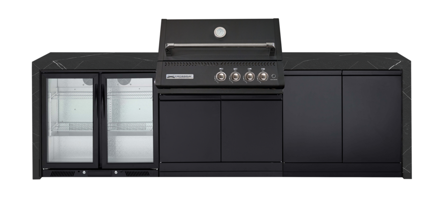 CROSSRAY XPlor Premium Gas Outdoor Kitchen Double side cabinets with flat bench tops and double fridge  - Black BBQ and Black benchtop