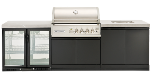 CROSSRAY X-Origin Classic Gas Outdoor Kitchen Double side cabinets with 1 x flat bench top, under bench sink and double fridge.