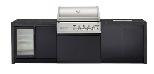 CROSSRAY X-Origin Premium Gas Outdoor Kitchen Double side cabinets with 1 x flat bench top, under bench sink and single fridge - black benchtop