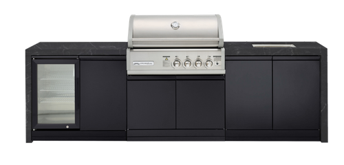 CROSSRAY X-Origin Premium Gas Outdoor Kitchen Double side cabinets with 1 x flat bench top, under bench sink and single fridge - black benchtop