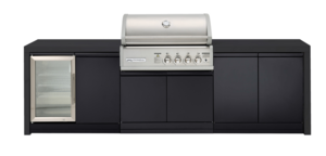 Premium 4B gas black outdoor kitchen, Double side cabinets with flat bench tops and single fridge