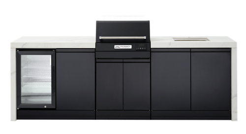 CROSSRAY eXtreme Premium Electric Outdoor Kitchen Double side cabinets with 1 x flat bench top, under bench sink and single fridge - white benchtop