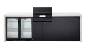 eXtreme white Electric Outdoor Kitchen, Double side cabinets with flat bench tops and double fridge