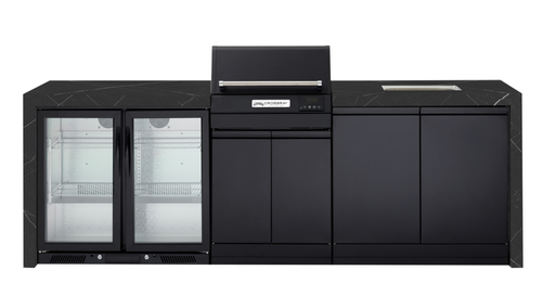 CROSSRAY eXtreme Premium Electric Outdoor Kitchen Double side cabinets with 1 x flat bench top, under bench sink and double fridge - black benchtop