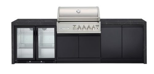 CROSSRAY X-Origin Premium Gas Outdoor Kitchen Double side cabinets with flat bench tops and double fridge - black benchtop