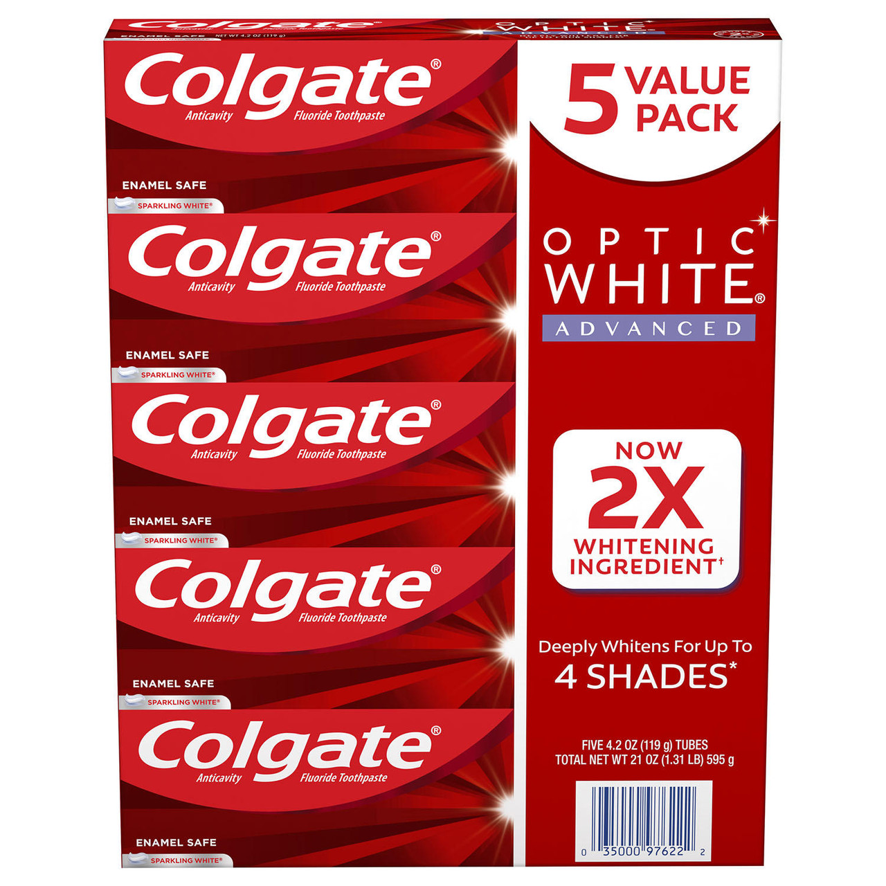 Colgate Optic White Advanced Teeth Whitening Toothpaste, Sparkling White (4.2 oz., 5 pk.) - [From 71.00 - Choose pk Qty ] - *Ships from Miami