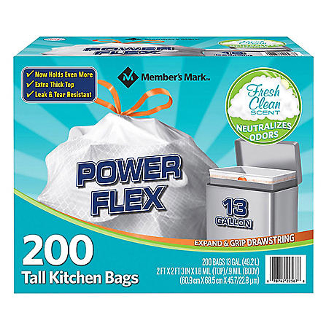 Member's Mark Power Flex Tall Kitchen Drawstring Trash Bags (13 Gallon, 2 Rolls of 100 ct., 200 count total) - [From 80.00 - Choose pk Qty ] - *Ships from Miami