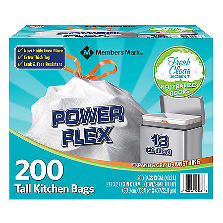 Member's Mark Power Flex Tall Kitchen Drawstring Trash Bags (13 Gallon, 2 Rolls of 100 ct., 200 count total) - [From 62.00 - Choose pk Qty ] - *Ships from Miami