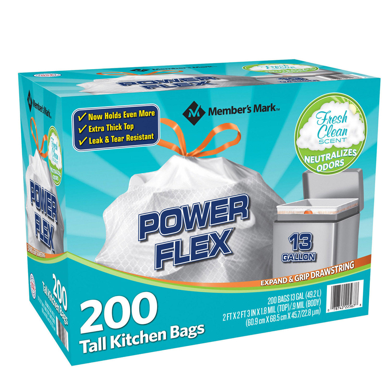 Member's Mark Power Flex Tall Kitchen Drawstring Trash Bags (13 Gallon, 2 Rolls of 100 ct., 200 count total) - [From 80.00 - Choose pk Qty ] - *Ships from Miami
