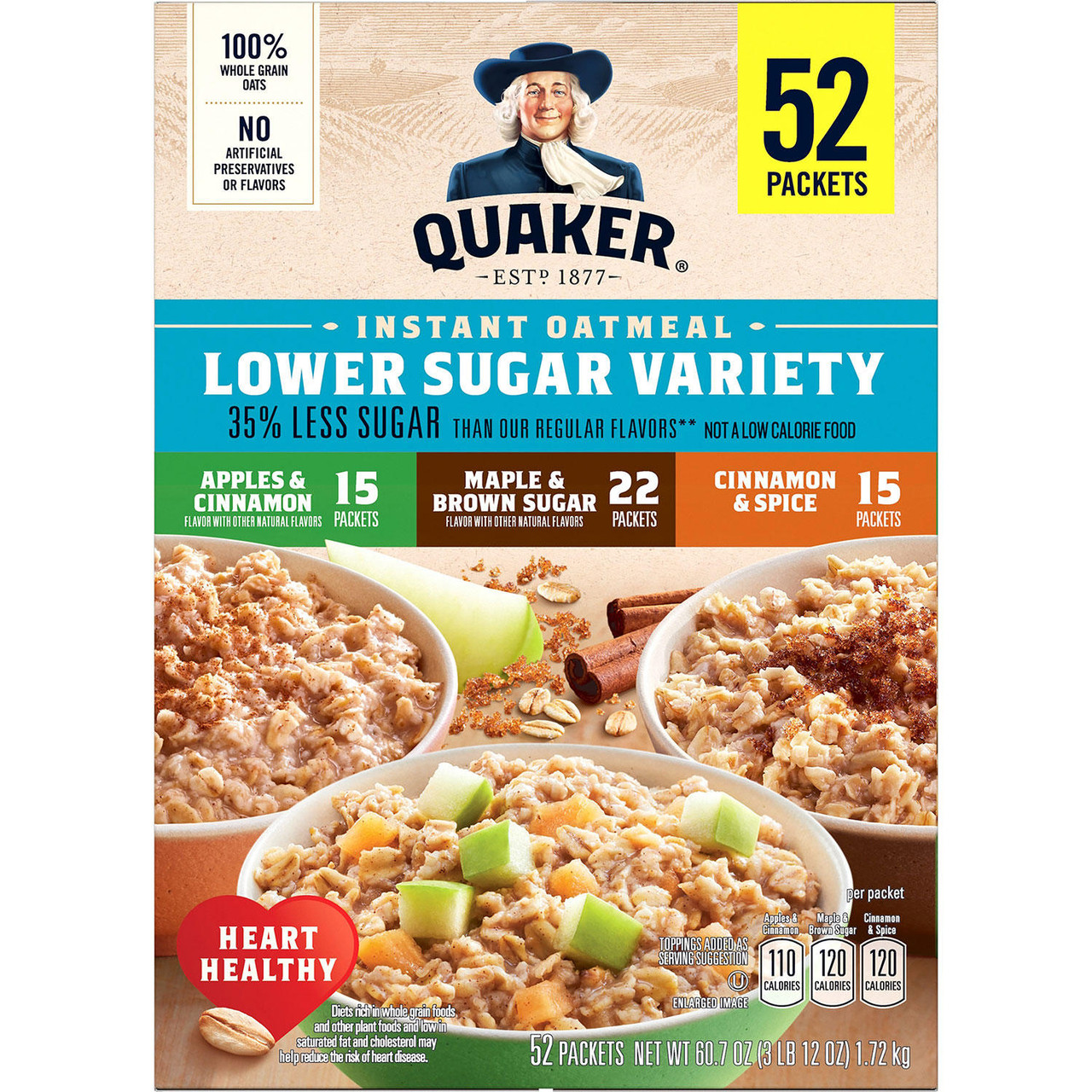 Quaker Lower Sugar Instant Oatmeal, Variety Pack (52 pk.) - [From 72.00 - Choose pk Qty ] - *Ships from Miami