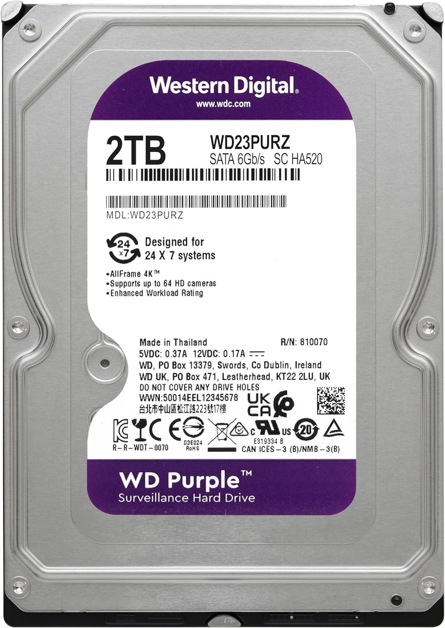 Western Digital WD23PURZ, 2TB Purple Surveillance Internal Hard Drive HDD - SATA 6 Gb/s, 64 MB Cache, 3.5" - *Pre-Order