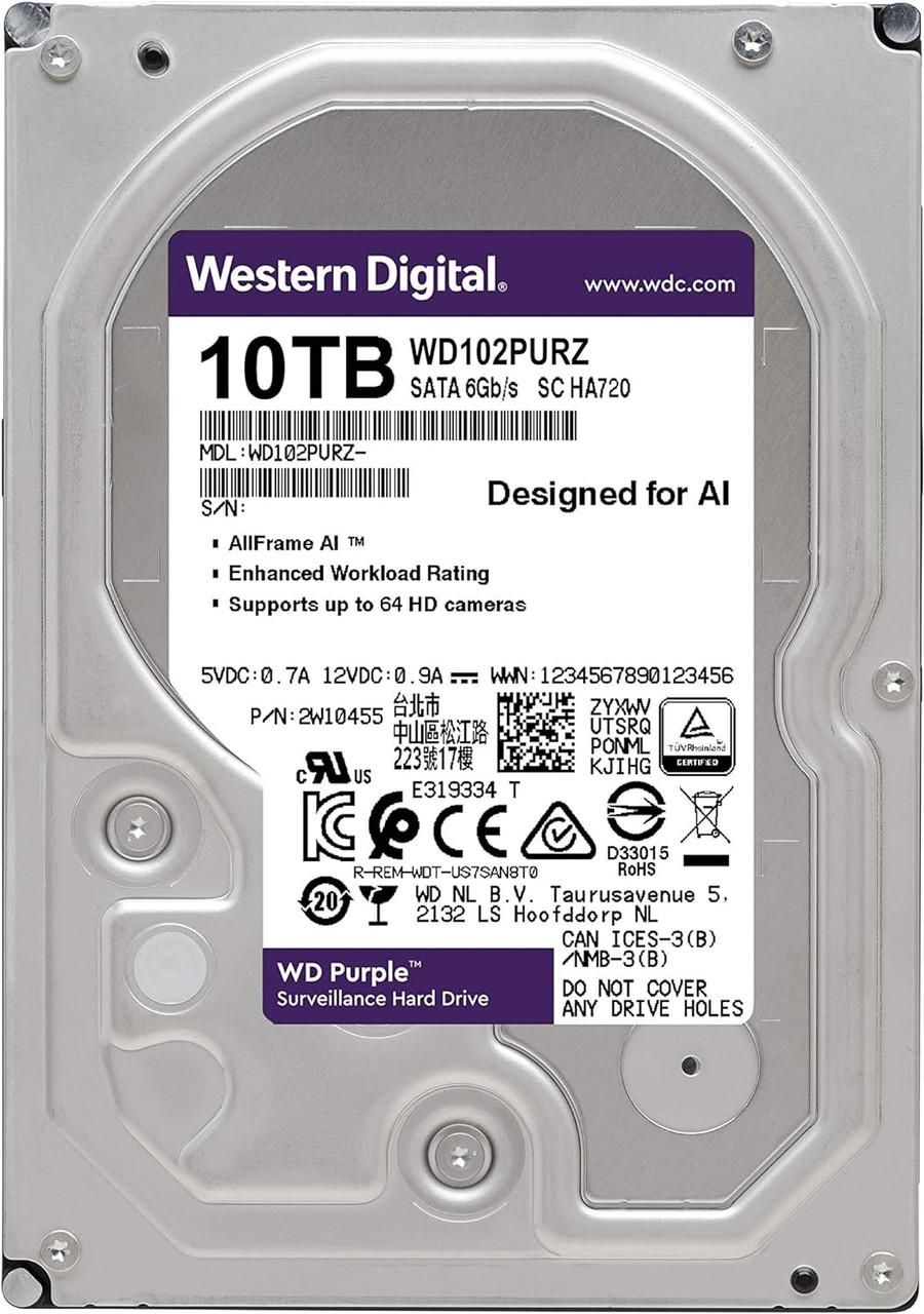 Western Digital WD102PURZ, 10TB Purple Surveillance Internal Hard Drive HDD - SATA 6 Gb/s, 256 MB Cache, 3.5" - *Pre-Order