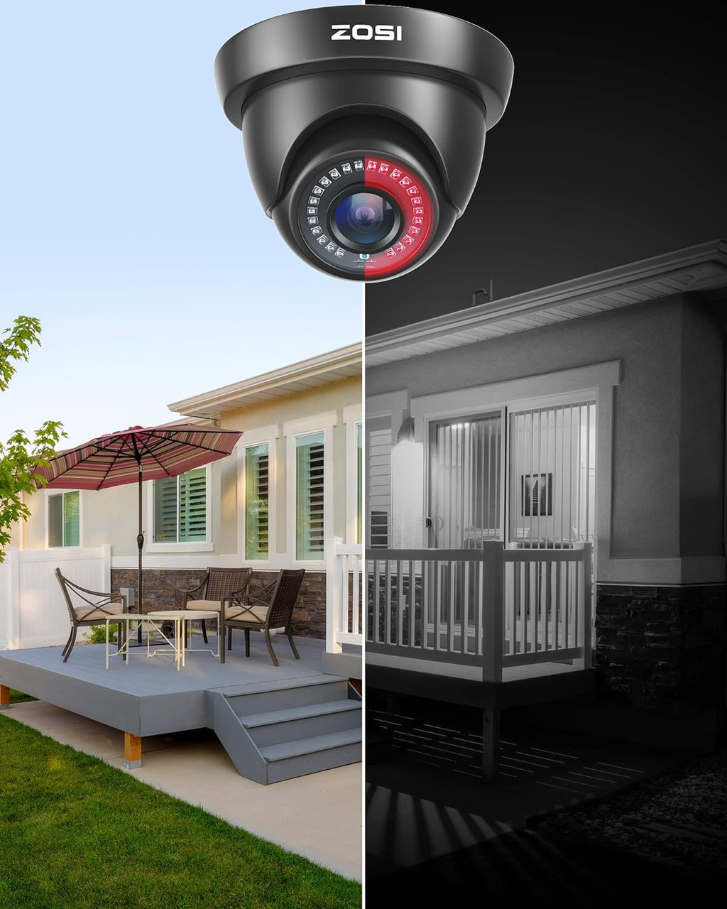 ZOSI  2MP (2K) HD-TVI  3.6mm Dome Security Camera, Indoor Outdoor, 80ft Night Vision, Weatherproof, Black  - 4 Pack Kit - *Pre-Order