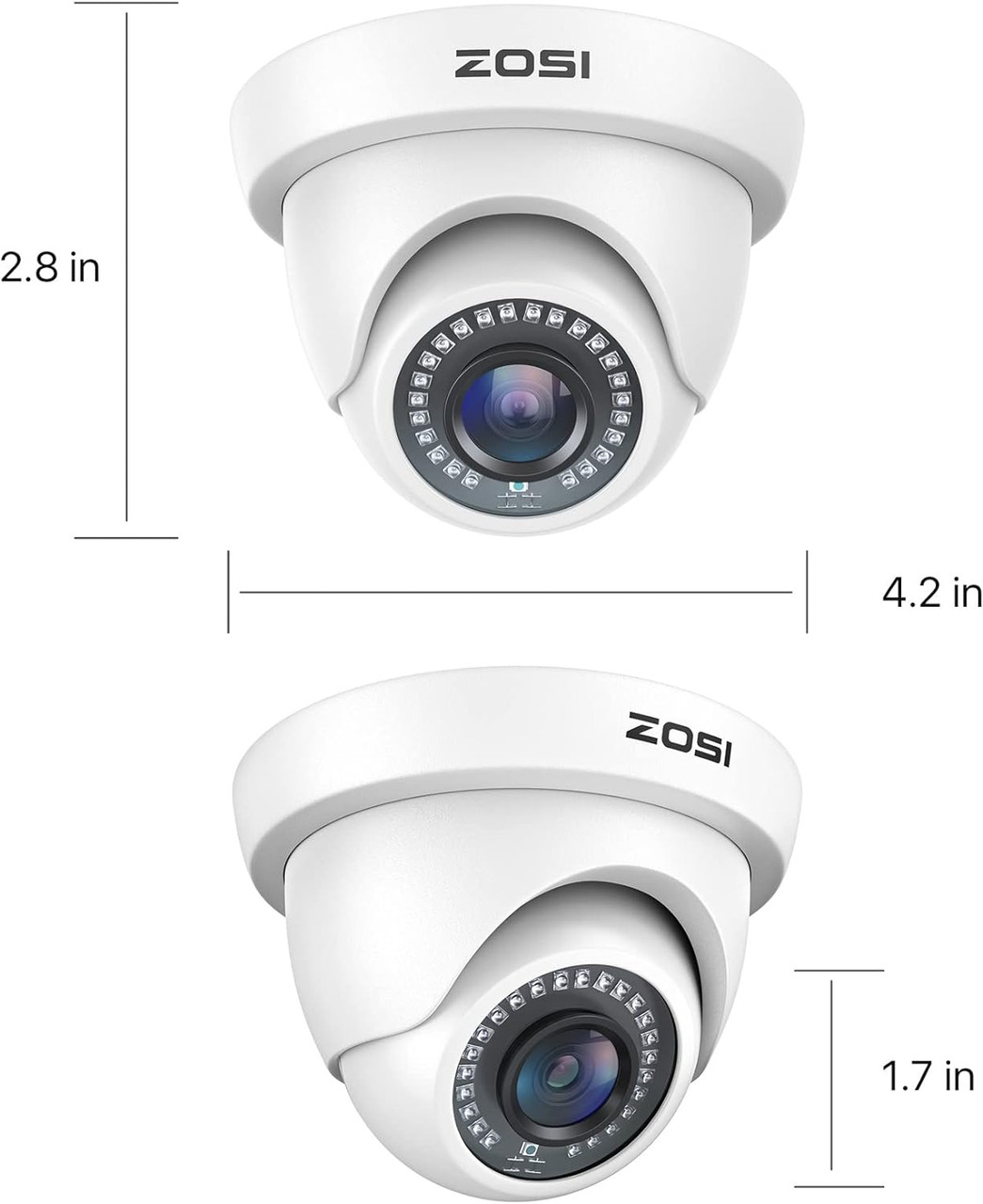 ZOSI  2MP (2K) HD-TVI  3.6mm Dome Security Camera, Indoor Outdoor, 80ft Night Vision, Weatherproof, White - 4 Pack Kit - *Pre-Order