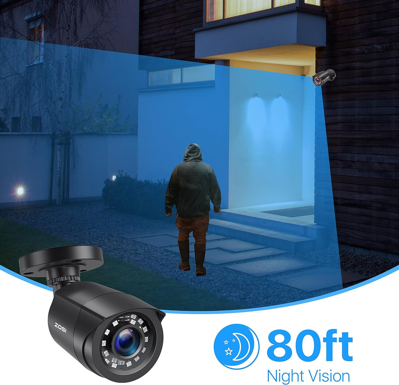 ZOSI  2MP (2K) HD-TVI  3.6mm Bullet Security Camera, Indoor Outdoor, 80ft Night Vision, Weatherproof, Black - 4 Pack Kit - *Pre-Order