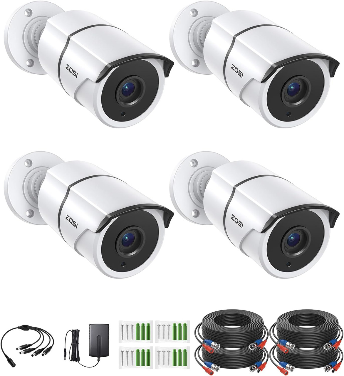 ZOSI  2MP (2K) HD-TVI  3.6mm Bullet Security Camera, Indoor Outdoor, 120ft Night Vision, Weatherproof, White - 4 Pack Kit - *Pre-Order