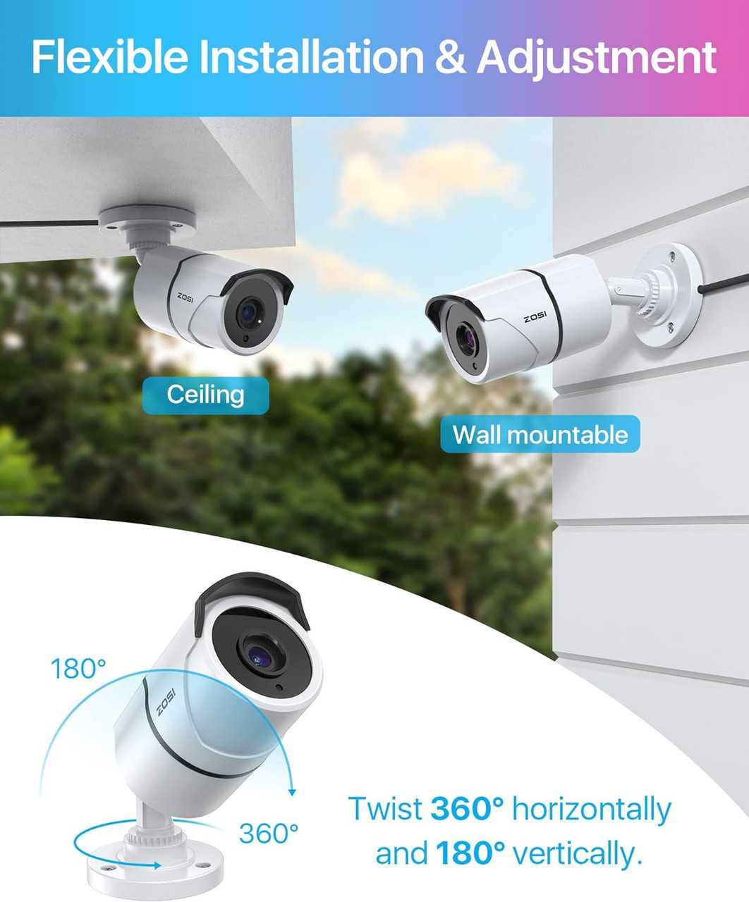 ZOSI  2MP (2K) HD-TVI  3.6mm Bullet Security Camera, Indoor Outdoor, 120ft Night Vision, Weatherproof, White - 4 Pack Kit - *Pre-Order